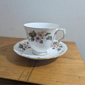 Queen Anne Bone China Tea Cup Saucer Pink Floral Pattern Ridgway England Vintage